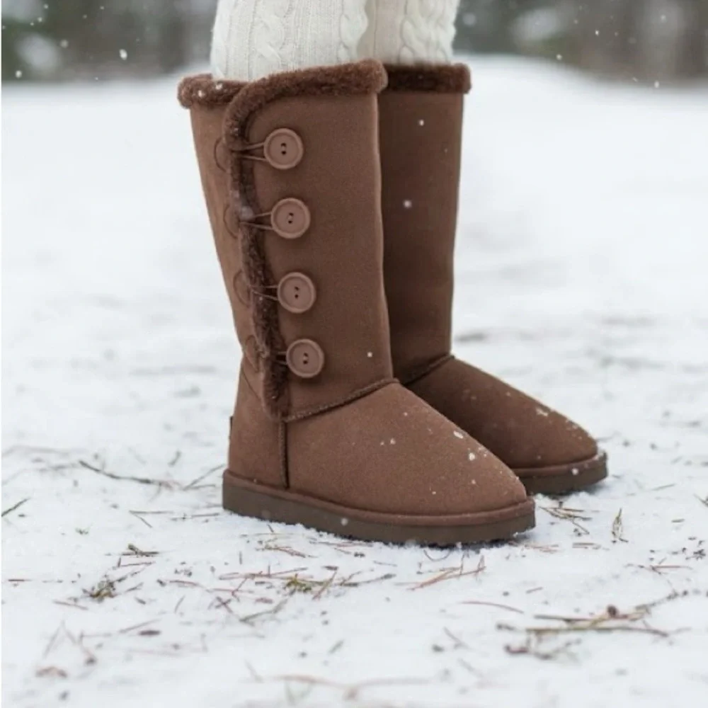 Winter Snow Cozy Brown Button-Up Girls Boots